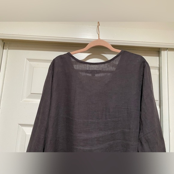 FLAX Long Sleeve Peplum Blouse Shirt Charcoal Button Linen Lagenlook Size Large - Picture 10 of 10